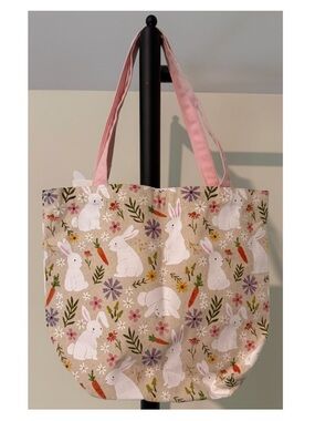 Eccolo nwt Beige Bunny Rabbit & Floral Canvas Tote Bag with Pink Handles Easter
